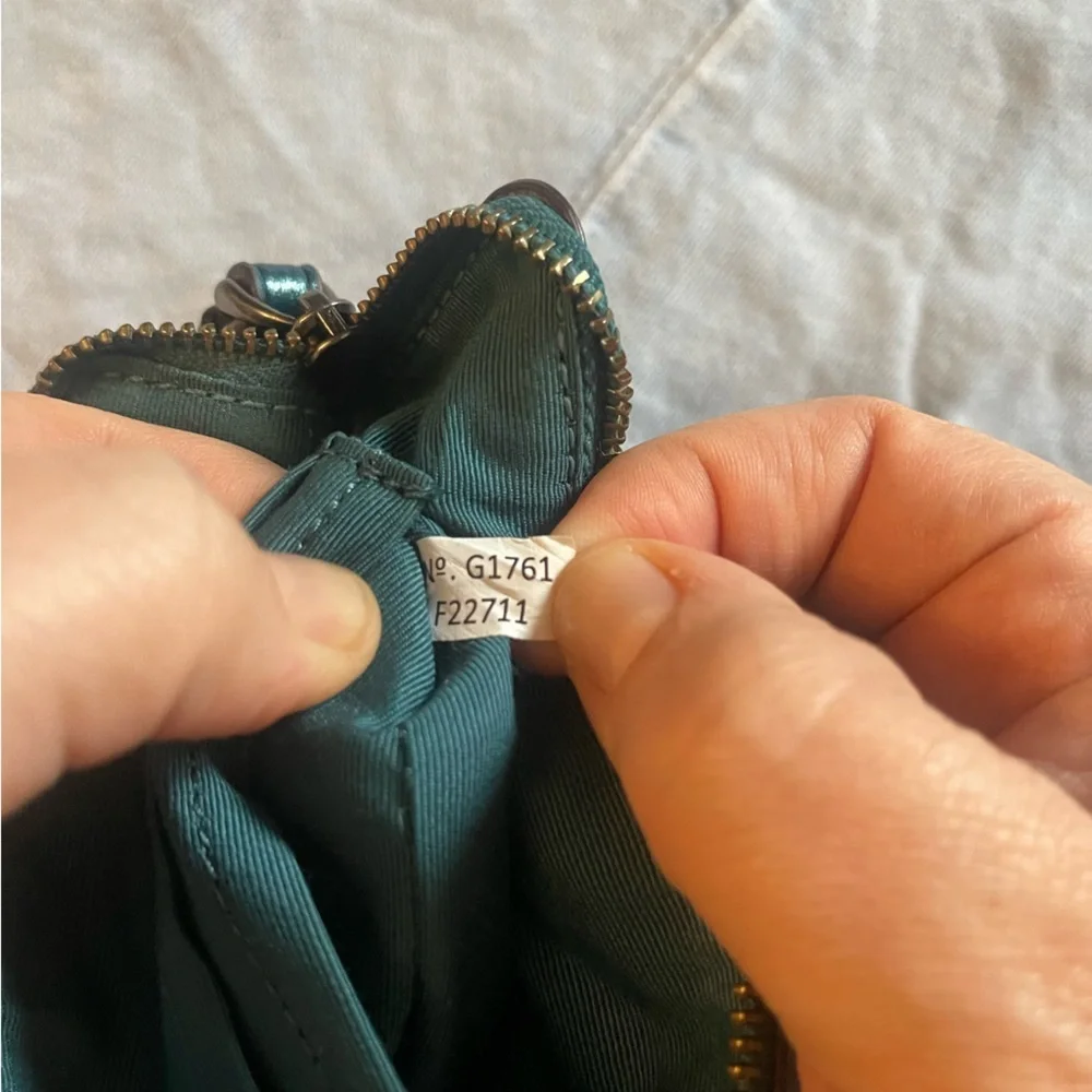 Coach | Metallic Dark Teal Leather Glitter Sparrow Bird | Zip Wristlet